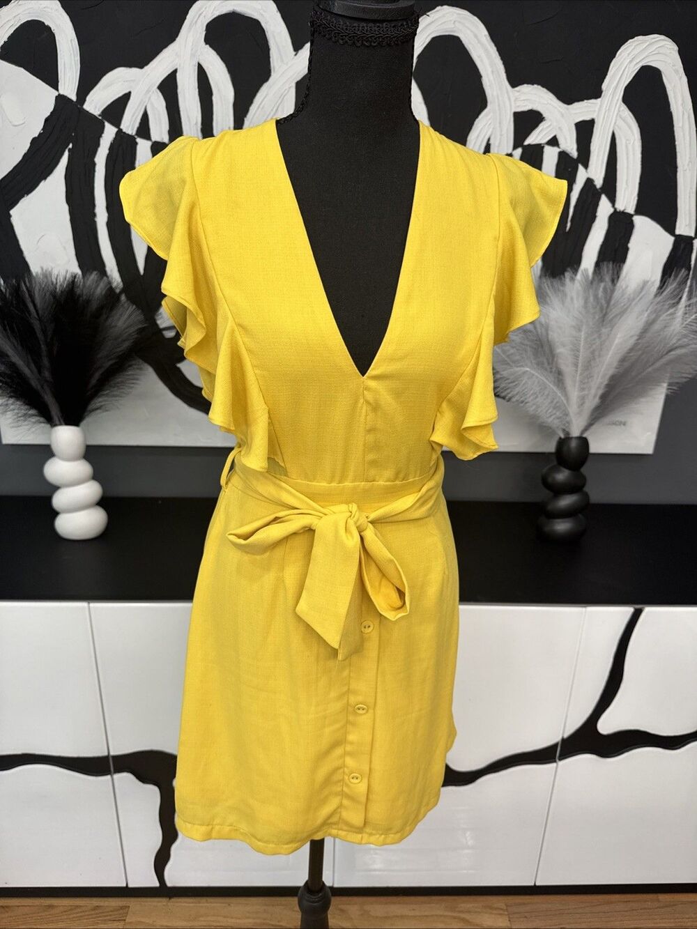 Fashion Nova Yellow Belted Mini Dress Womens Small Flutter Sleeve V Neck Summer